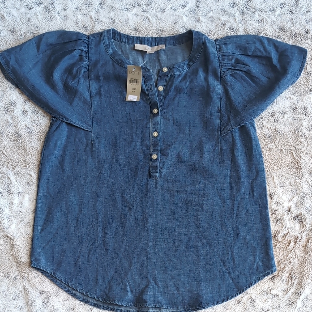 LOFT Chambray Petite Button Front Flutter Sleeve … - image 1